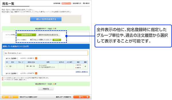 全件表示の他に、宛名登録時に指定したグループ単位や、過去の注文履歴から選択して表示することが可能です。