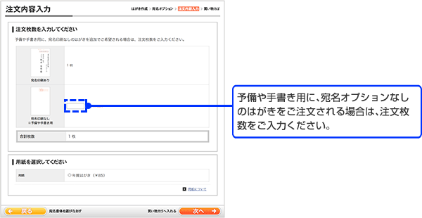 予備や手書き用に、宛名オプションなしのはがきをご注文される場合は、注文枚数をご入力ください。