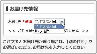 ご注文者とお届け先が違う場合は、「別の住所」をお選びいただき、お届け先を入力してください。